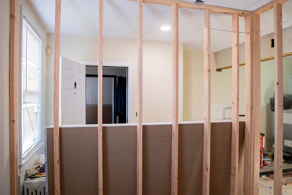 Closeup on framing installed by JVV Remodeling for a room addition inside a DC apartment