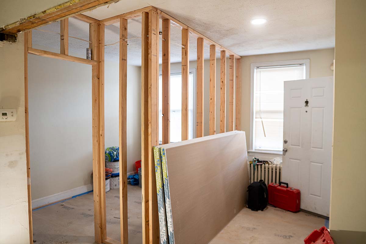 Closeup on framing installed for a room addition inside a DC apartment