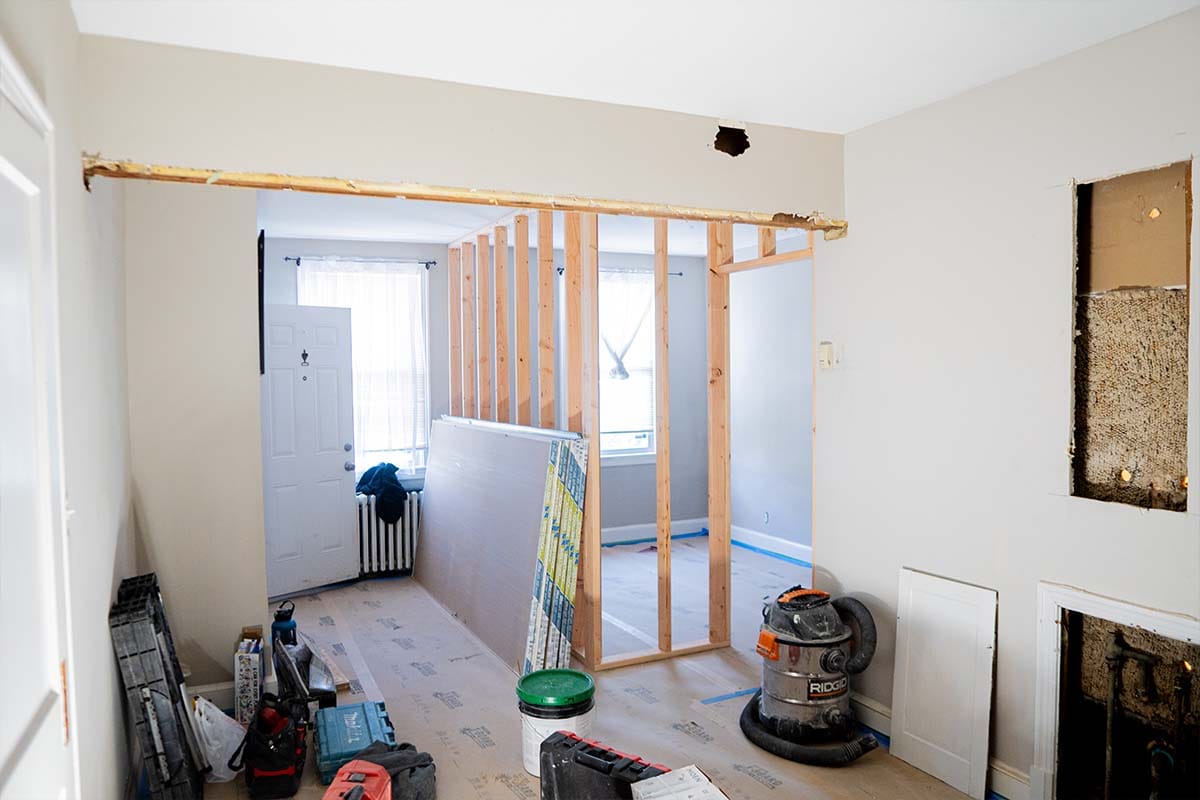 Living room inside a DC apartment in early renovation stages
