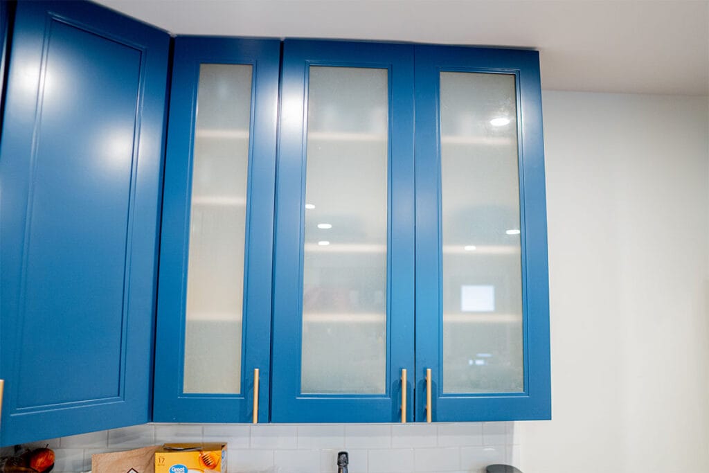 Closeup on dark blue cabinets installed in a Virginia kitchen