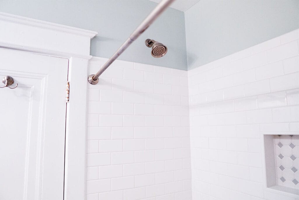 Closeup on new white ceramic shower walls installed in a Takoma DC bathroom