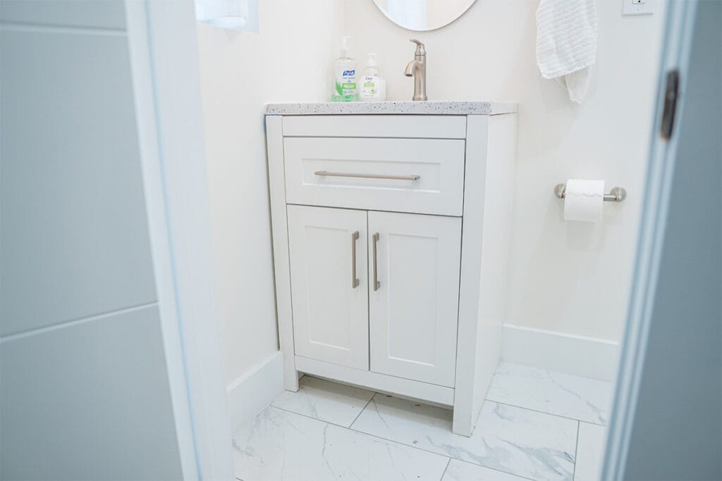Closeup on vanity installed inside a DC rowhouse