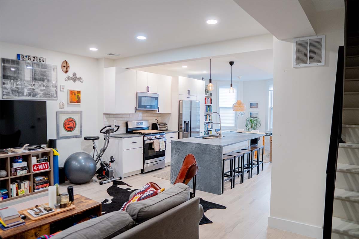 Full open-concept kitchen remodeled in a DC rowhouse