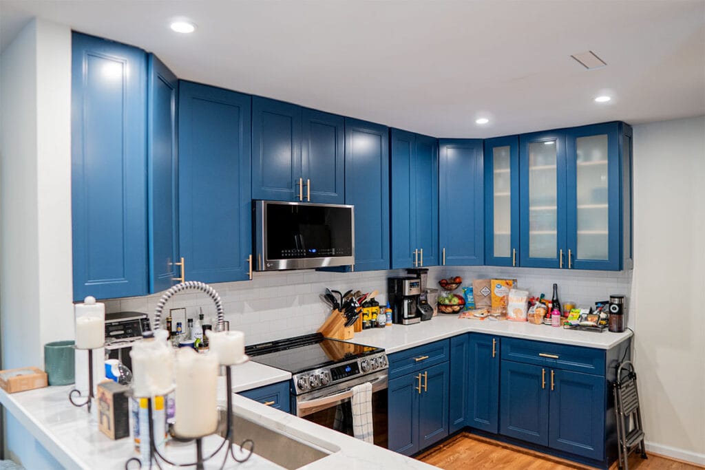 Kitchen remodel in Virginia with new dark blue wooden cabinets