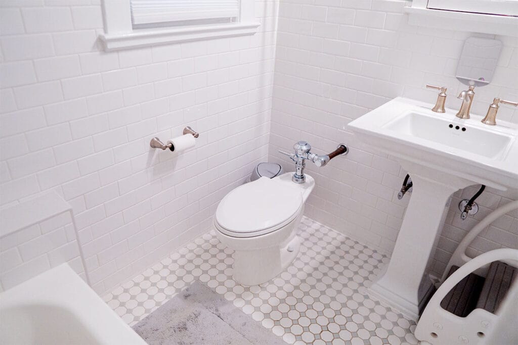 New toilet and ceramic flooring installed in a Takoma DC hallway bathroom