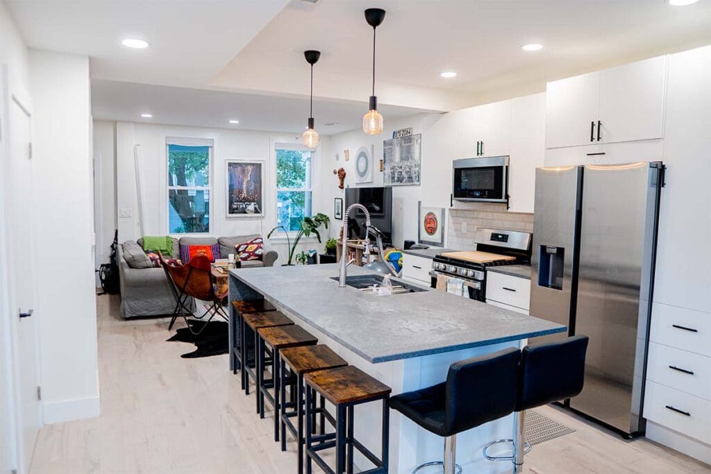 Wide view of island installed in an open-concept kitchen in DC