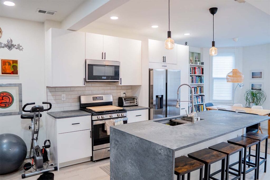 Wide view of new kitchen installed in a DC rowhouse
